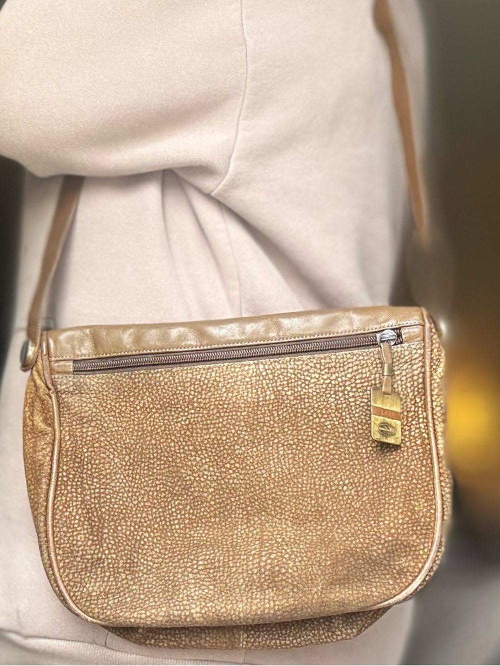 Borbonese Textured Brown Shoulder Bag with Front Zip Pocket - Picture 9 of 9
